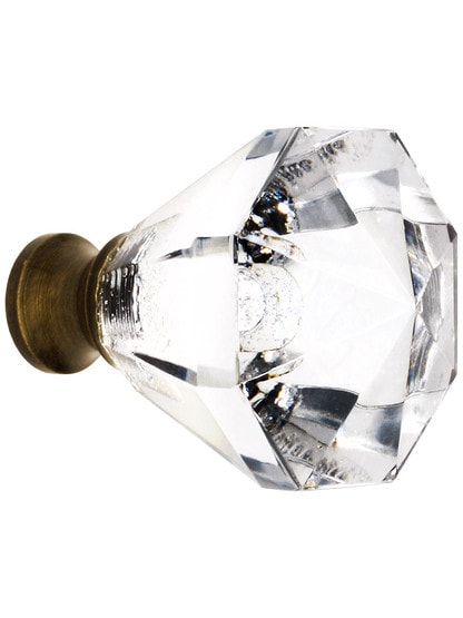 Lead Free German Crystal Diamond Cut Octagonal Knob With Solid Brass Base In Antique Brass.